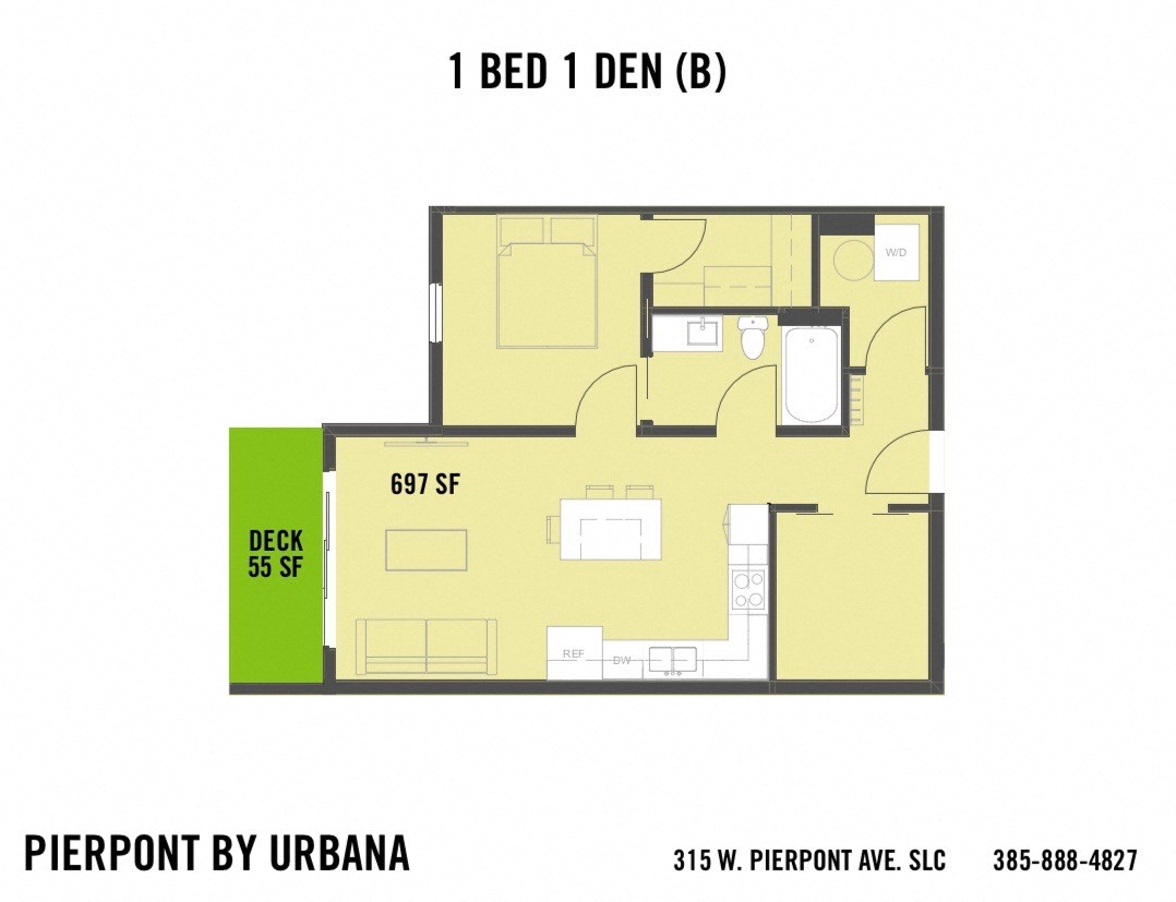 Floor plan for 1 bed, 1 bath, 697 sqft